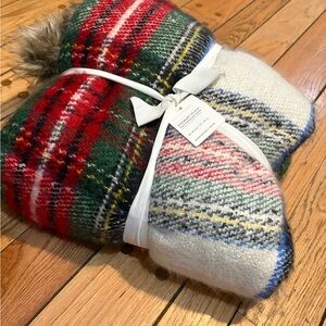 Pottery barn Stewart Plaid Throw Blanket w Faux Fur 50x60 new w tags